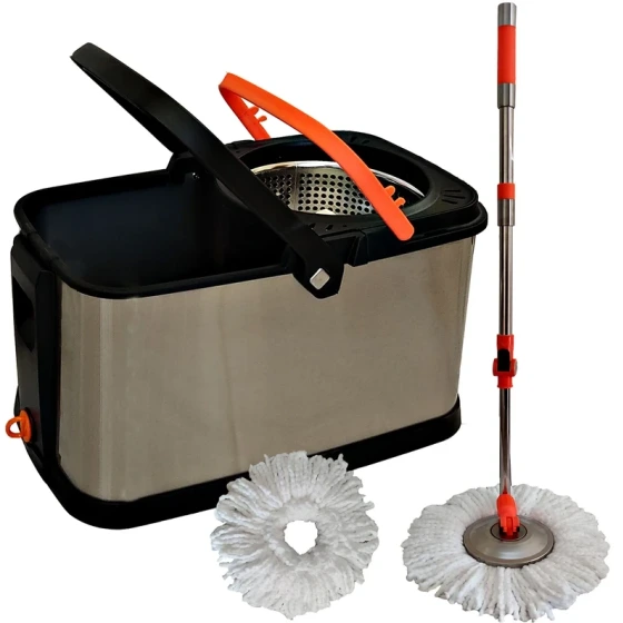 ست سطل و زمین شوی مدل spin mop LT_512SS استیل دو مخزنه همراه با دو پد_تی تلسکوپی و چرخشی 180درجه_خارجی
